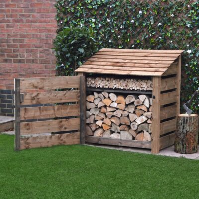 MILS4-SLT-DR-KS-RBR - Greetham 4ft Log Store - Slatted Sides - With Door - With Shelf - Rustic Brown - Front Right View