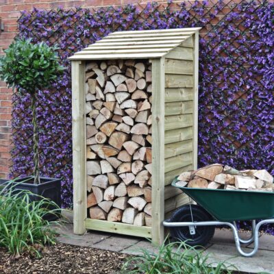 SLS6-SLD-LGR - Burley 6ft Log Store - Solid Sides - Light Green - Front Right View - with Logs