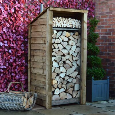 SLS6-SLD-RR-KS-RBR - Burley 6ft Log Store - Solid Sides - Reversed Roof - With Shelf - Rustic Brown - Front Left View - with Logs