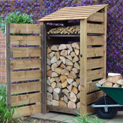 SLS6-SLT-DR-KS-RBR - Burley 6ft Log Store - Slatted Sides - With Door - With Shelf - Rustic Brown - Front Right View - with Logs