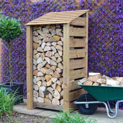 SLS6-SLT-RBR - Burley 6ft Log Store - Slatted Sides - Rustic Brown - Front Right View - with Logs