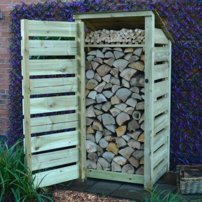 SLS6-SLT-RR-DR-KS-LGR - Burley 6ft Log Store - Slatted Sides - Reversed Roof - With Door - With Shelf - Light Green - Front Right View - with Logs