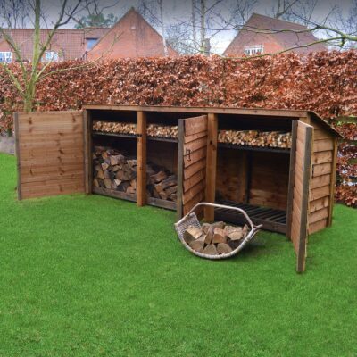 TBLS4-SLD-RR-DR-KS-RBR - Empingham 4ft Log Store - Solid Sides - Reversed Roof - With Doors - With Shelf - Rustic Brown - Front Right View - with Logs