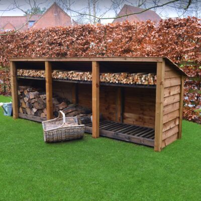 TBLS4-SLD-RR-KS-RBR - Empingham 4ft Log Store - Solid Sides - Reversed Roof - With Shelf - Rustic Brown - Front Right View - with Logs