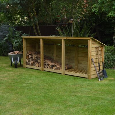 TBLS4-SLD-RR-LGR - Empingham 4ft Log Store - Solid Sides - Reversed Roof - Light Green - Front Right View - With Logs