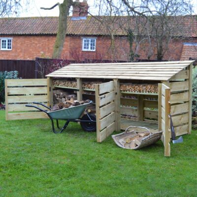 TBLS4-SLT-DR-KS-LGR - Empingham 4ft Log Store - Slatted Sides - With Doors - With Shelf - Light Green - Front Right View - With Logs