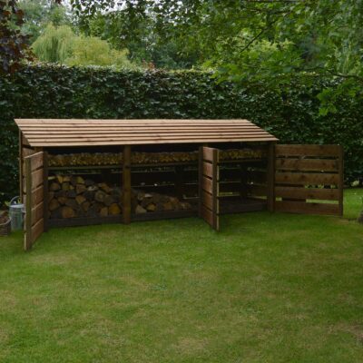 TBLS4-SLT-DR-RBR - Empingham 4ft Log Store - Slatted Sides - With Doors - Rustic Brown - Front Left View - with Logs