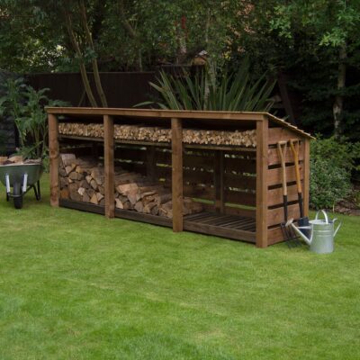 TBLS4-SLT-RR-KS-RBR - Empingham 4ft Log Store - Slatted Sides - Reversed Roof - With Shelf - Rustic Brown - Front Right View - with Logs
