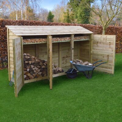 TBLS6-SLD-DR-KS-LGR - Empingham 6ft Log Store - Solid Sides - With Doors - With Shelf - Light Green - Front Left View - With Logs