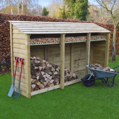 TBLS6-SLD-KS-LGR - Empingham 6ft Log Store - Solid Sides - With Shelf - Light Green - Front Left View - With Logs