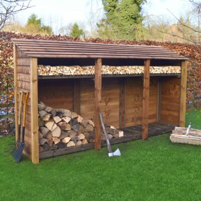 TBLS6-SLD-KS-RBR - Empingham 6ft Log Store - Solid Sides - With Shelf - Rustic Brown - Front Left View - With Logs