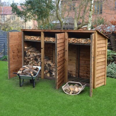 TBLS6-SLD-RR-DR-KS-RBR - Empingham 6ft Log Store - Solid Sides - Reversed Roof - With Door - Rustic Brown - Front Right View - with Logs