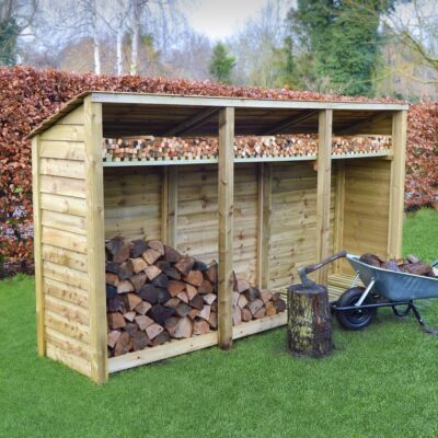 TBLS6-SLD-RR-KS-LGR - Empingham 6ft Log Store - Solid Sides - Reversed Roof - With Shelf - Light Green - Front Left View - With Logs