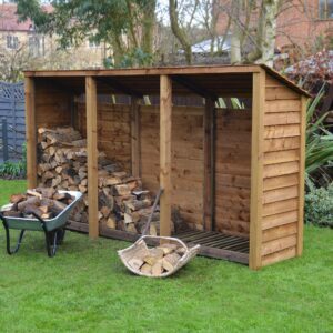 TBLS6-SLD-RR-RBR - Empingham 6ft Log Store - Solid Sides - Reversed Roof - Rustic Brown - Front Right View - with Logs