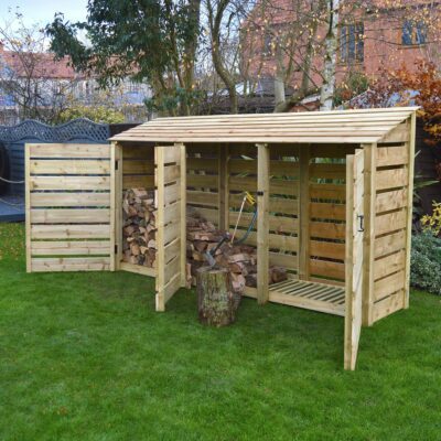 TBLS6-SLT-DR-LGR - Empingham 6ft Log Store - Slatted Sides - With Doors - Light Green - Front Right View - With Logs