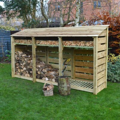 TBLS6-SLT-KS-LGR - Empingham 6ft Log Store - Slatted Sides - With Shelf - Light Green - Front Right View - With Logs