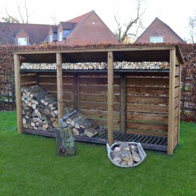 TBLS6-SLT-RR-KS-RBR - Empingham 6ft Log Store - Slatted Sides - Reversed Roof - With Shelf - Rustic Brown - Front Right View - with Logs