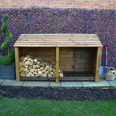TRLS4-SLD-RBR - Normanton 4ft Log Store - Solid Sides - Rustic Brown - Front View - WIth Logs