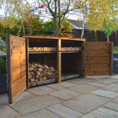 TRLS4-SLD-RR-DR-KS-RBR - Normanton 4ft Log Store - Solid Sides - Reversed Roof - With Door - With Shelf - Rustic Brown - Front Left View - With Logs