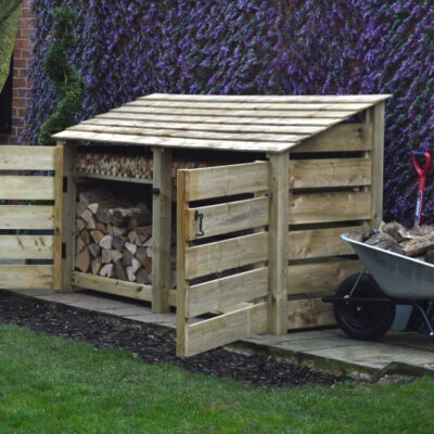 TRLS4-SLT-DR-KS-LGR - Normanton 4ft Log Store - Slatted Sides - With Door - With Shelf - Light Green - Front Right View - With Logs