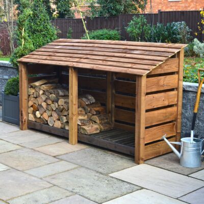 TRLS4-SLT-RBR - Normanton 4ft Log Store - Slatted Sides - Rustic Brown - Front Right View - with Logs