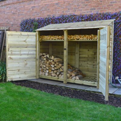TRLS6-SLD-DR-KS-LGR - Normanton 6ft Log Store - Solid Sides - With Doors - With Shelf - Light Green - Front Right View - With Logs