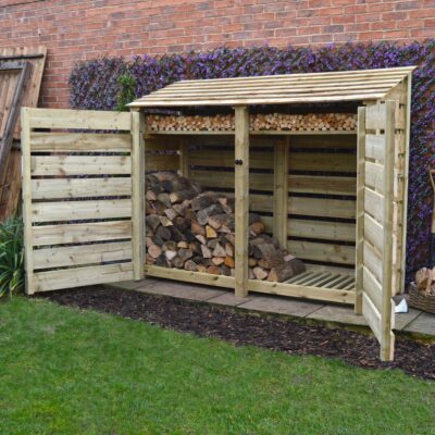 TRLS6-SLT-DR-KS-LGR - Normanton 6ft Log Store - Slatted Sides - With Doors - With Shelf - Light Green - Front Right View - With Logs