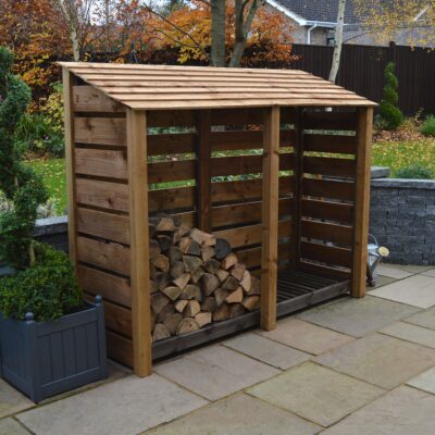 TRLS6-SLT-RBR - Normanton 6ft Log Store - Slatted Sides - Rustic Brown - Front Left View - With Logs