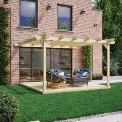 Wall Mounted Double Garden Pergola with Decking - Light Green - Front Side View