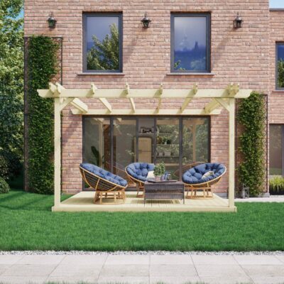 Wall Mounted Double Garden Pergola with Decking - Light Green - Front View