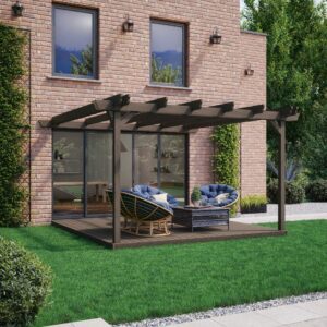 Wall Mounted Double Garden Pergola with Decking - Rustic Brown - Front Side View