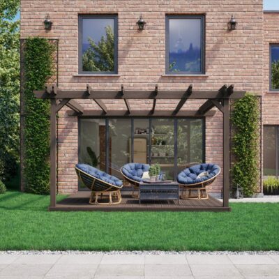 Wall Mounted Double Garden Pergola with Decking - Rustic Brown - Front View