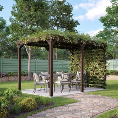 Shade Pergola - Rustic Brown - Front Left - with Foilage