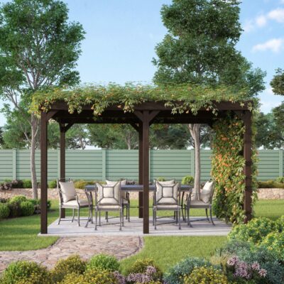 Shade Pergola - Rustic Brown - Front - with Foilage