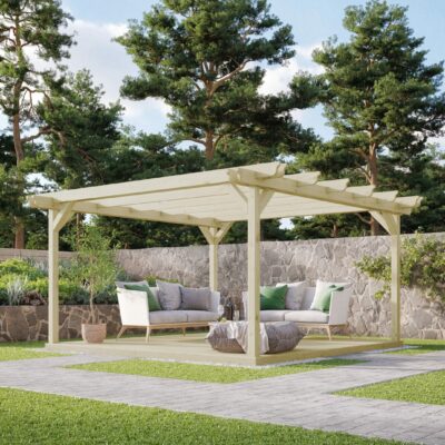 Double Garden Pergola with Decking Kit - Light Green - Front Side View