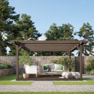 Double Garden Pergola with Decking Kit - Rustic Brown - Front View