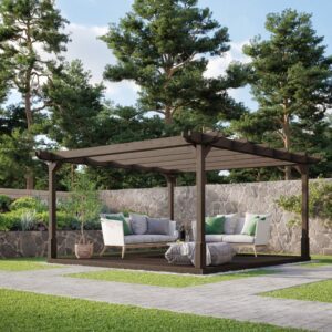 Premium Double Pergola with Decking - Rustic Brown - Front Side View