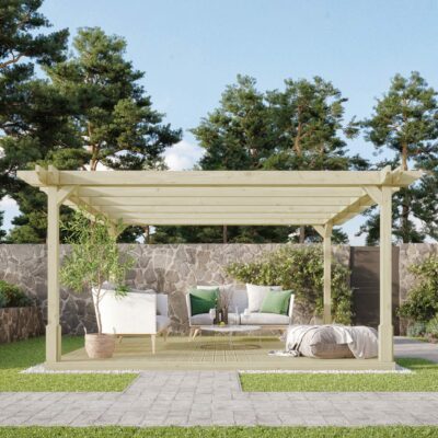 Premium Double Pergola with Decking - Light Green - Front View
