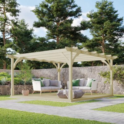 Premium Pergola with Decking - Light Green - Front Right View