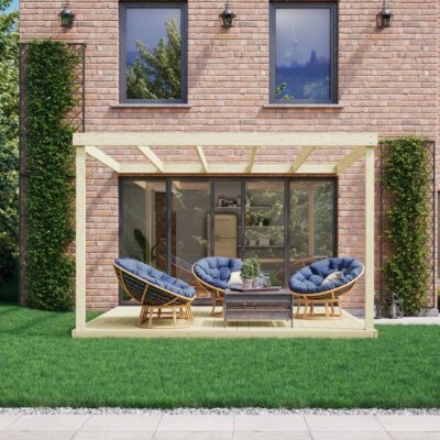 Wall Mounted Box Pergola with Decking - Light Green - Front View