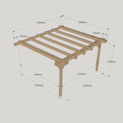 Wall Mounted Double Garden Pergola - 3600mm x 3600mm - 2 Post