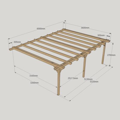 Wall Mounted Double Garden Pergola - 3600mm x 6000mm - 3 Post