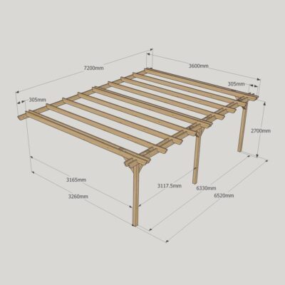 Wall Mounted Double Garden Pergola - 3600mm x 7200mm - 3 Post