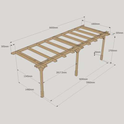 Wall Mounted Double Premium Pergola - 1800mm x 6600mm - 3 Post