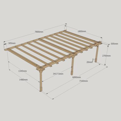 Wall Mounted Double Premium Pergola - 1800mm x 7800mm - 3 Post