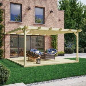 Wall Mounted Double Premium Pergola with Decking Kit - Light Green - Front Side View