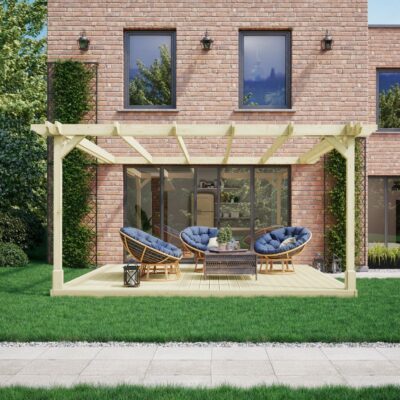 Wall Mounted Double Premium Pergola with Decking Kit - Light Green - Front View