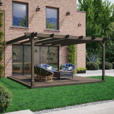 Wall Mounted Double Premium Pergola with Decking Kit - Rustic Brown - Front Side View