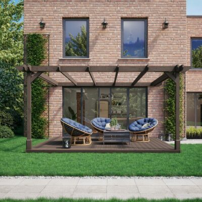 Wall Mounted Double Premium Pergola with Decking Kit - Rustic Brown - Front View