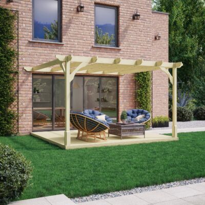 Wall Mounted Premium Pergola with Decking Kit - Light Green - Front Side View